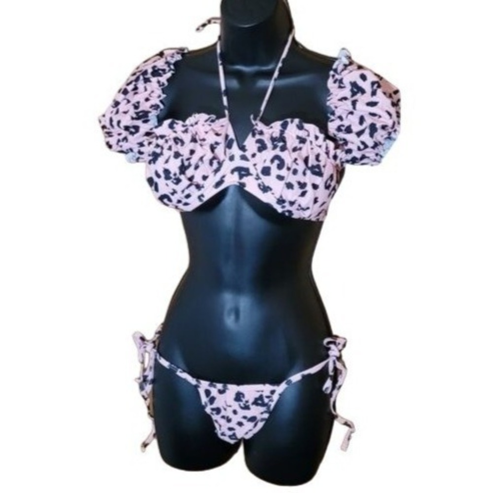 Women's Pink Bikini Puff Sleeves Black Polka Dots String Bikini Bottom Small